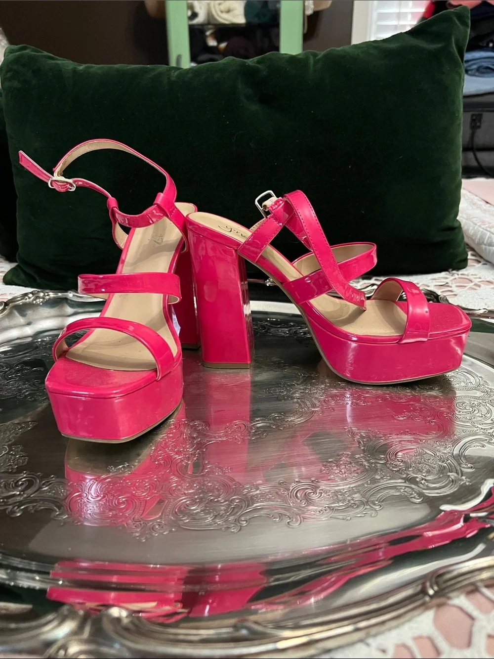 Glossy Hot Pink Platform Block Heel Sandals with Ankle Strap